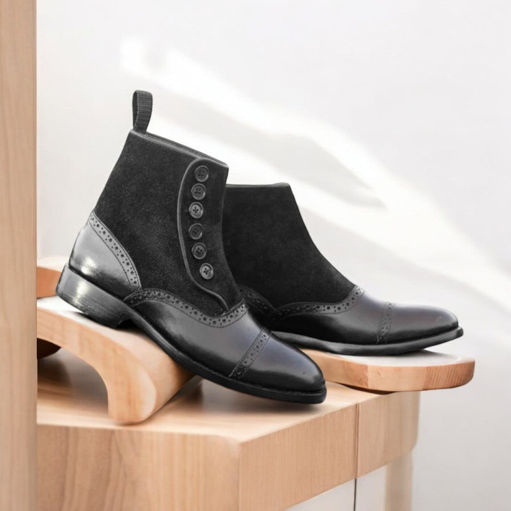 Men's Black Leather Suede Button Boots