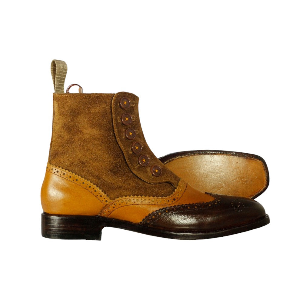 Men's Leather Suede Button Boots displayed on a wooden surface, showcasing their elegant design and craftsmanship.