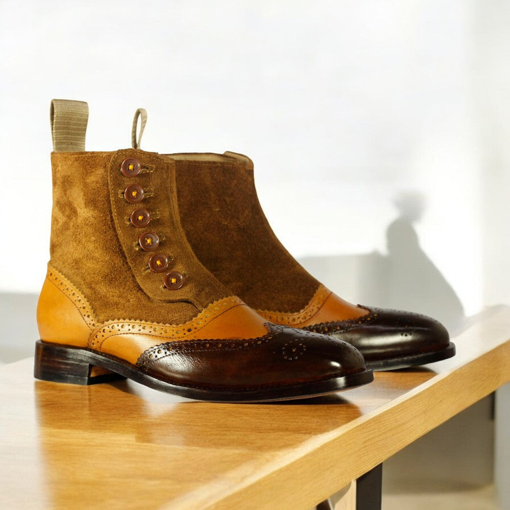 Men's Leather Suede Button Boots displayed on a wooden surface, showcasing their elegant design and craftsmanship.