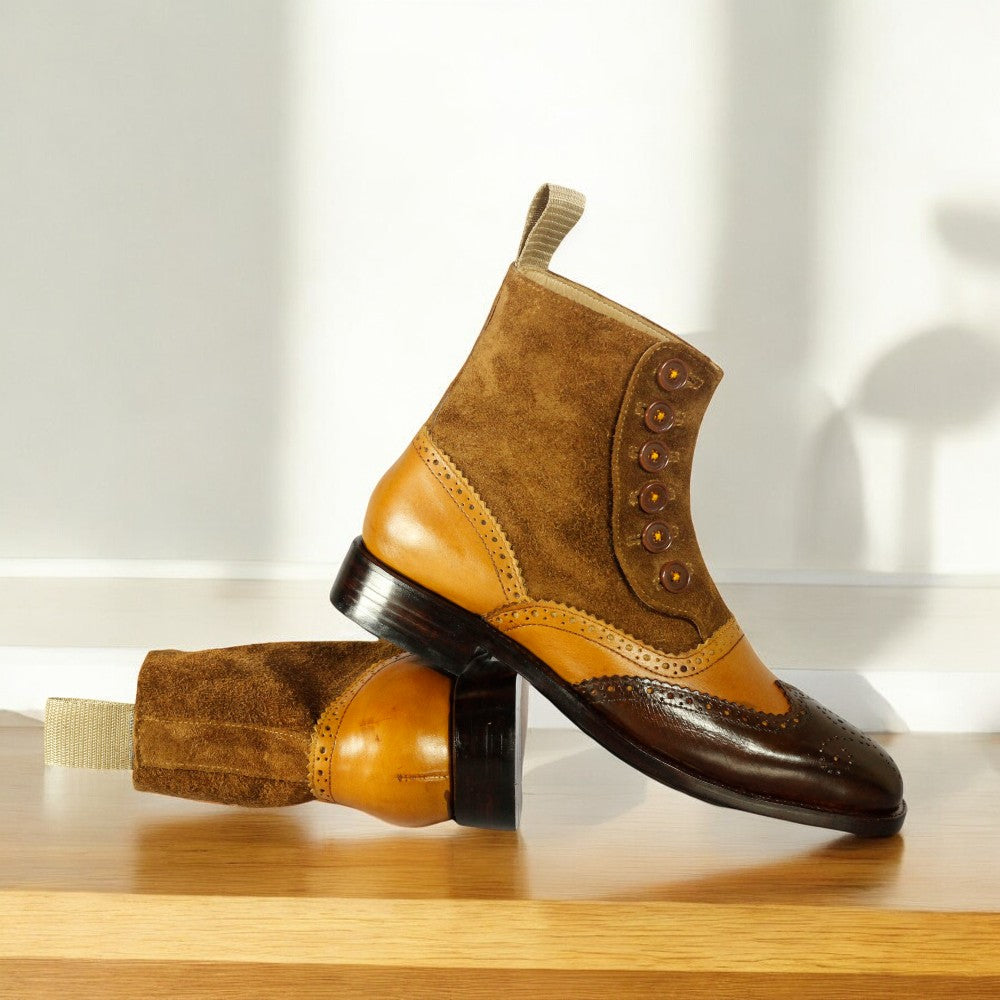 Men's Leather Suede Button Boots displayed on a wooden surface, showcasing their elegant design and craftsmanship.