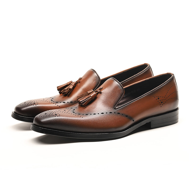 Side profile showing elegant brogue detailing and tassel design

