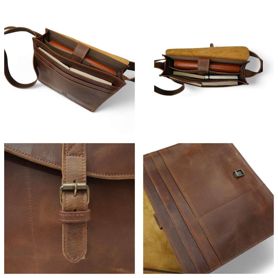 Strap Detail – Adjustable leather strap with brass hardware close-up

