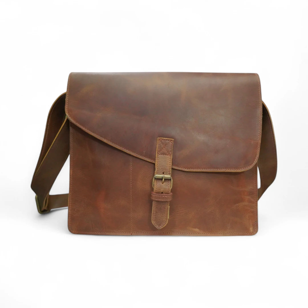Front View – Adam Messenger Bag with Buckle Closure in Brown Leather

