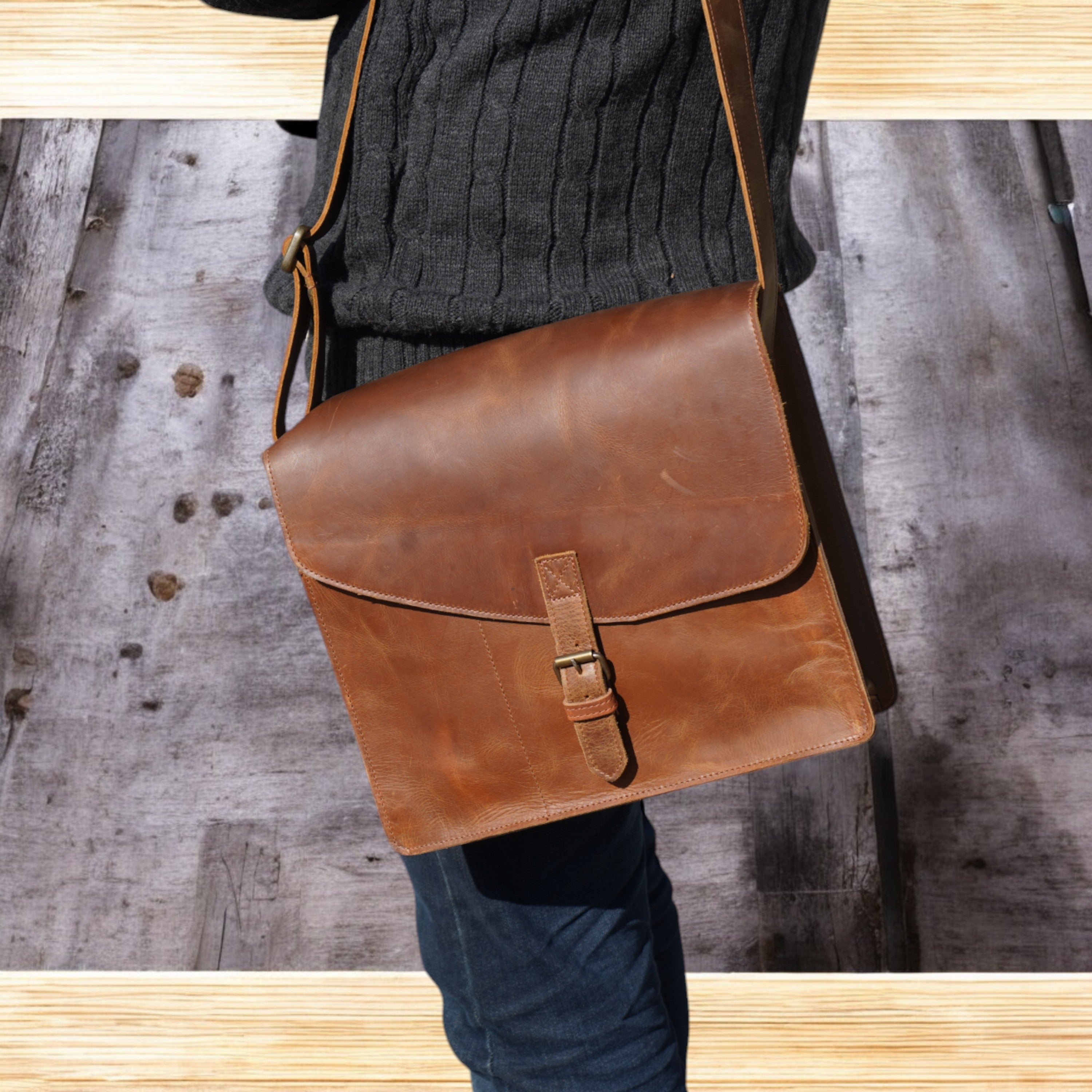 Lifestyle View – Bag placed on desk next to laptop and coffee mug

