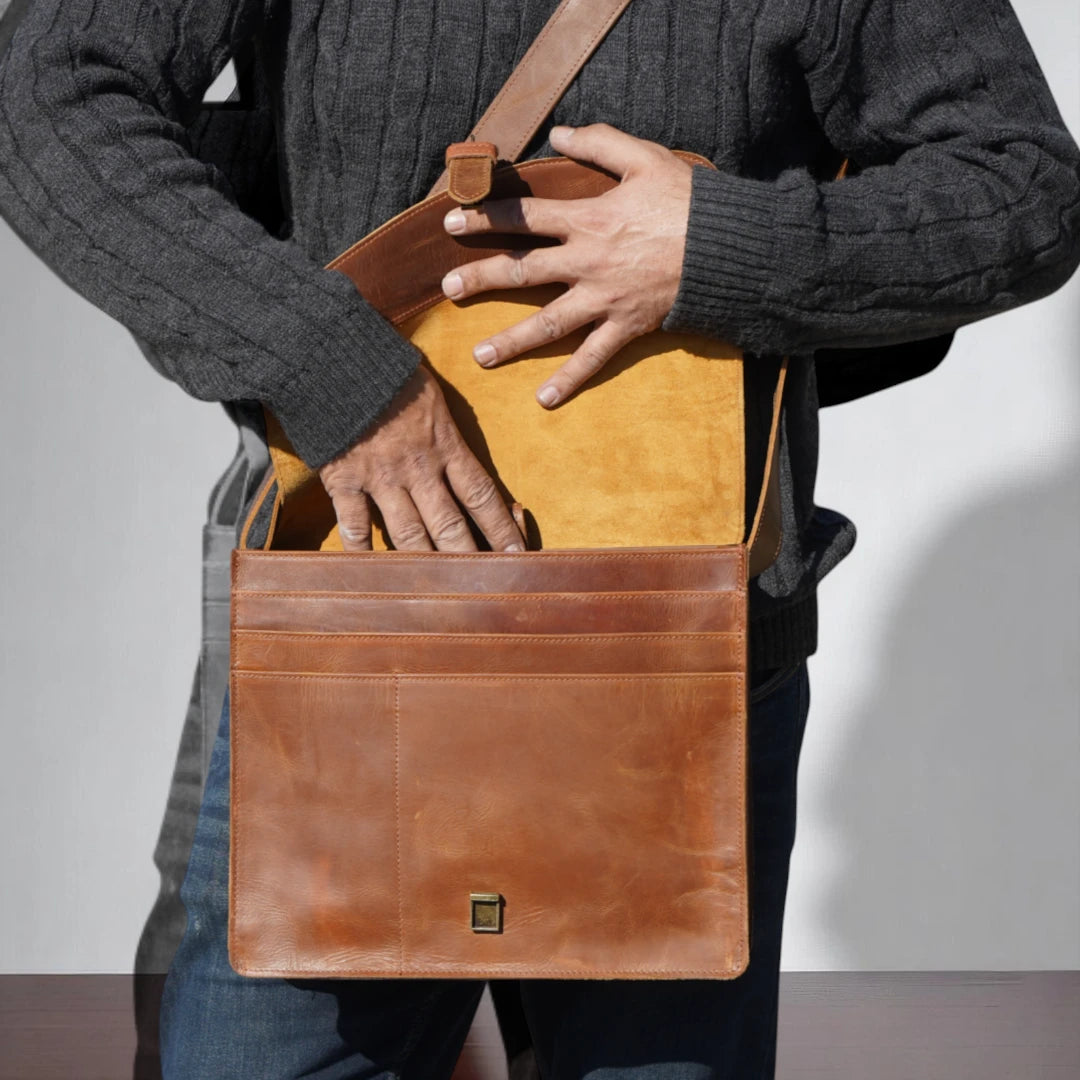 Lifestyle View – Bag placed on desk next to laptop and coffee mug

