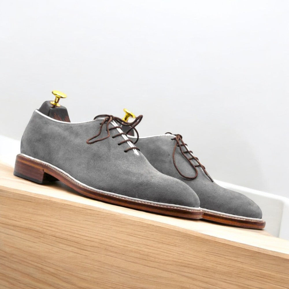 Handmade Grey Suede Whole Cut Oxford Shoe for Men, Classic Dress Footwear