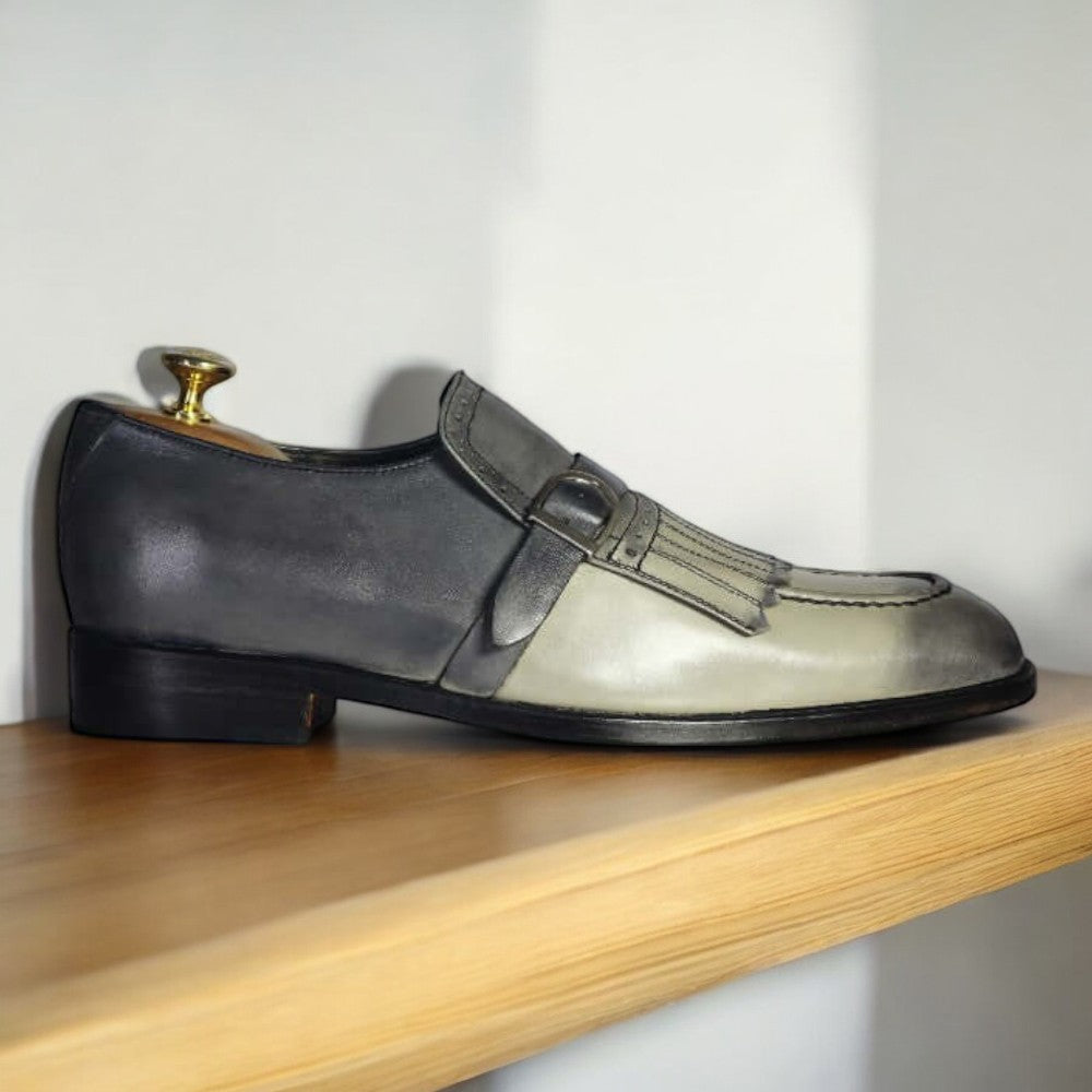 Men Handmade Two Tone Gray Loafer Fringe Monk Strap Leather Men Shoes - Posh Footwear