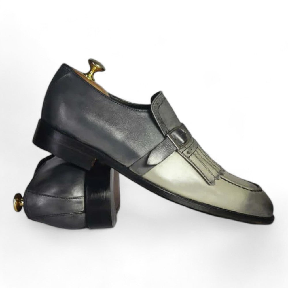 Men Handmade Two Tone Gray Loafer Fringe Monk Strap Leather Men Shoes - Posh Footwear