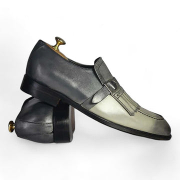 Men Handmade Two Tone Gray Loafer Fringe Monk Strap Leather Men Shoes