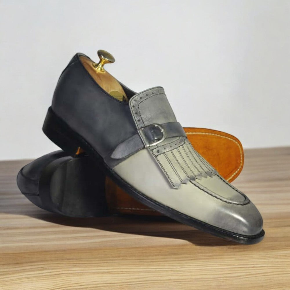 Men Handmade Two Tone Gray Loafer Fringe Monk Strap Leather Men Shoes - Posh Footwear