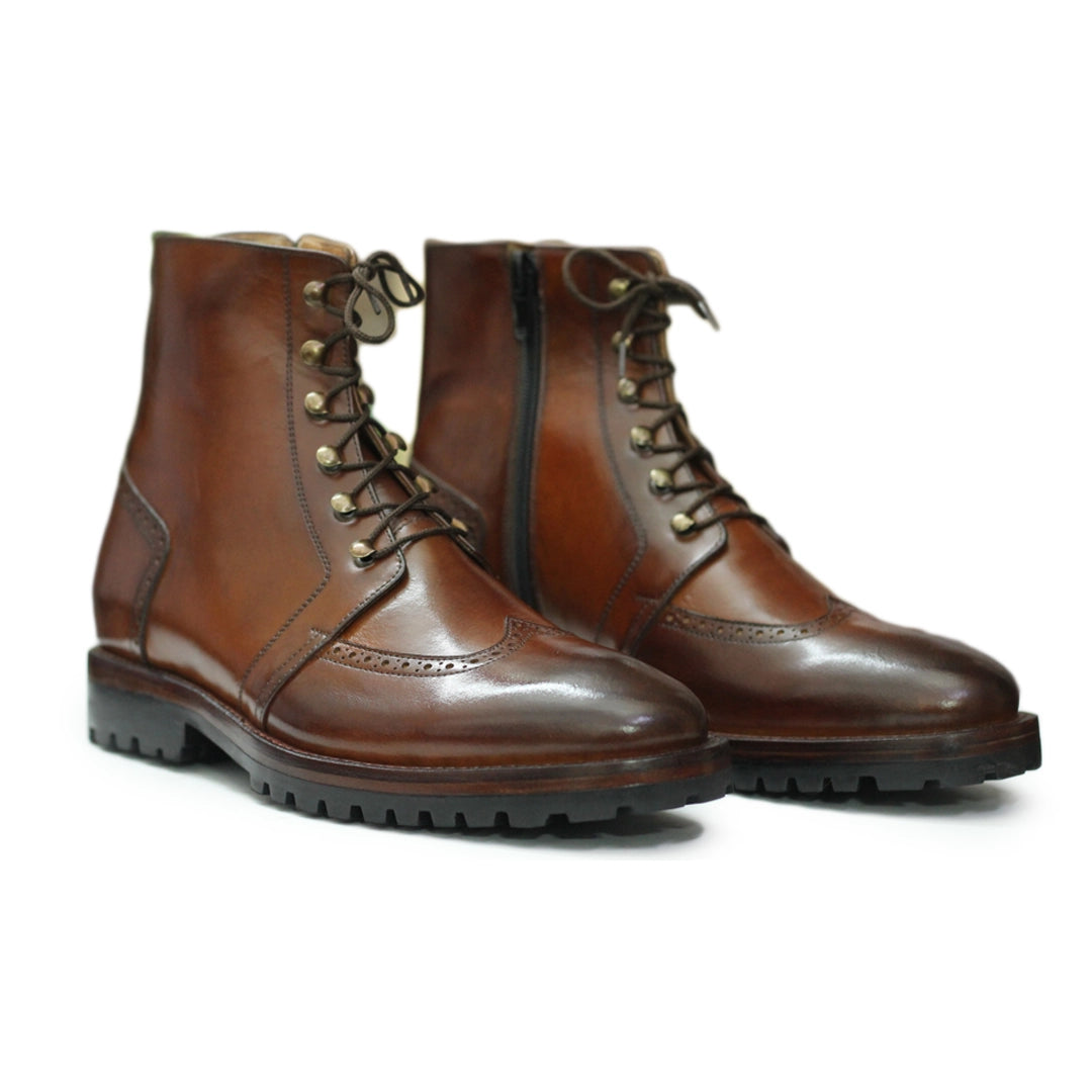 Front View – Handmade Men’s Brown Military Ankle Boots, crafted from genuine calf leather with a stylish lace-up design for a modern, military-inspired look.