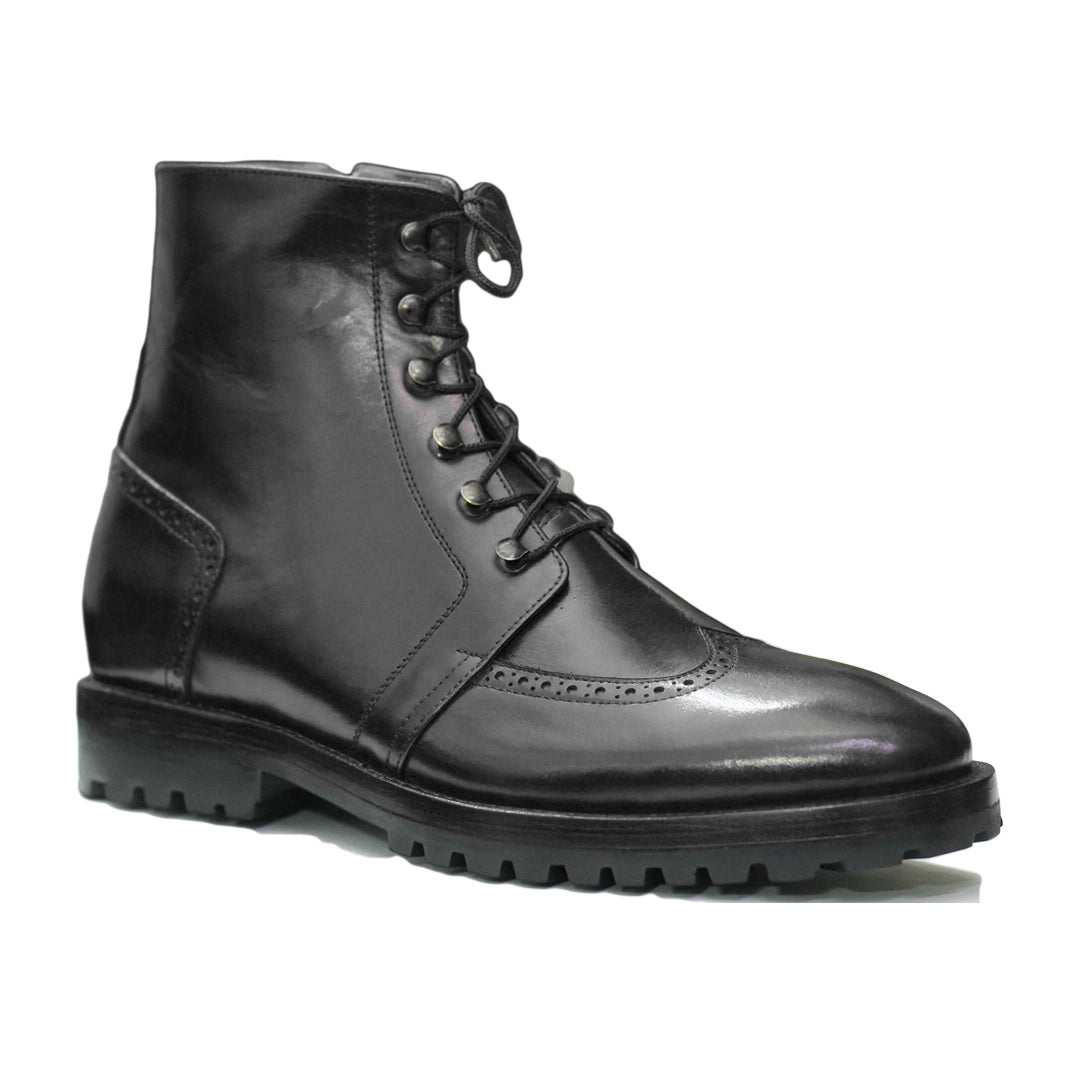 Front View – Handmade Men’s Brown Military Ankle Boots, crafted from genuine calf leather with a stylish lace-up design for a modern, military-inspired look.