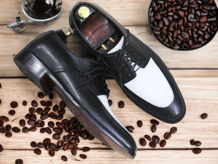 Handmade Black and White Leather Derby Lace-Up Shoes for Men