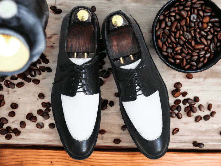 Handmade Black and White Leather Derby Lace-Up Shoes for Men