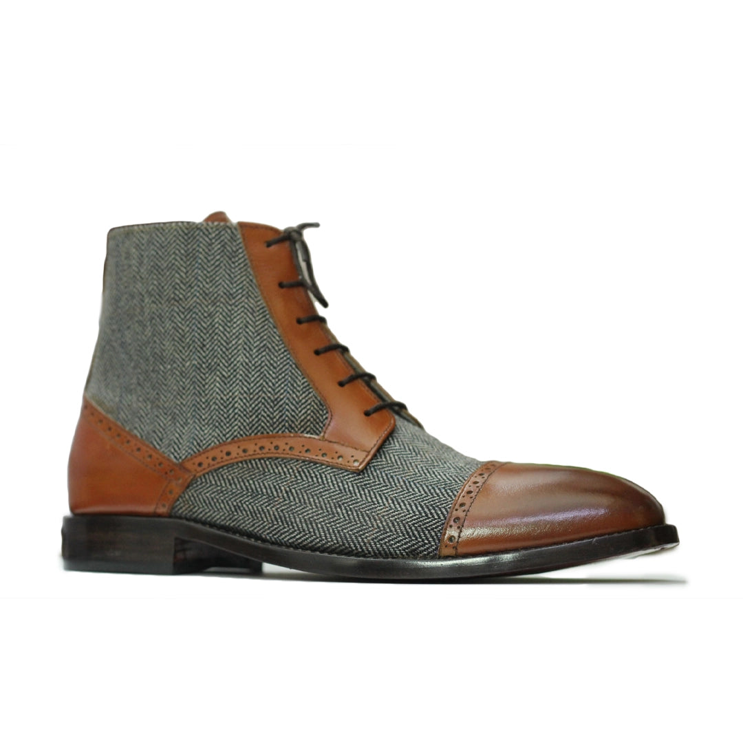 Lifestyle Shot – Men’s Designer Two-Tone Tweed and Leather Ankle Boots styled for both casual and formal occasions with comfortable leather lining.
