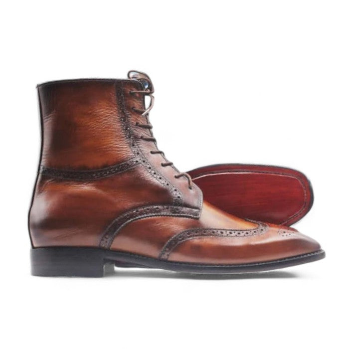 Men's Handmade Brown Patina Wingtip Brogue Lace-Up Dress Boots - Posh Footwears | Customize premium leather handmade bags, wallet, shoes