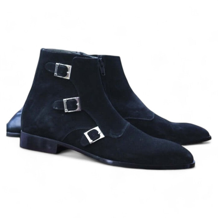 Men's Handmade Black Suede Triple Buckle Boots - Stylish Footwear