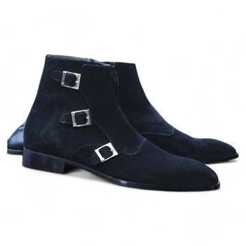 Men's Handmade Black Suede Triple Buckle Boots - Stylish Footwear