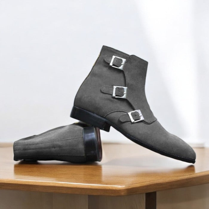 Men's Handmade Black Suede Triple Buckle Boots - Stylish Footwear