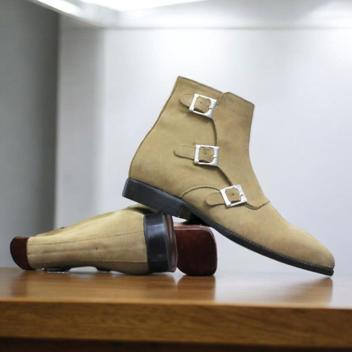 Men's Handmade Black Suede Triple Buckle Boots - Stylish Footwear