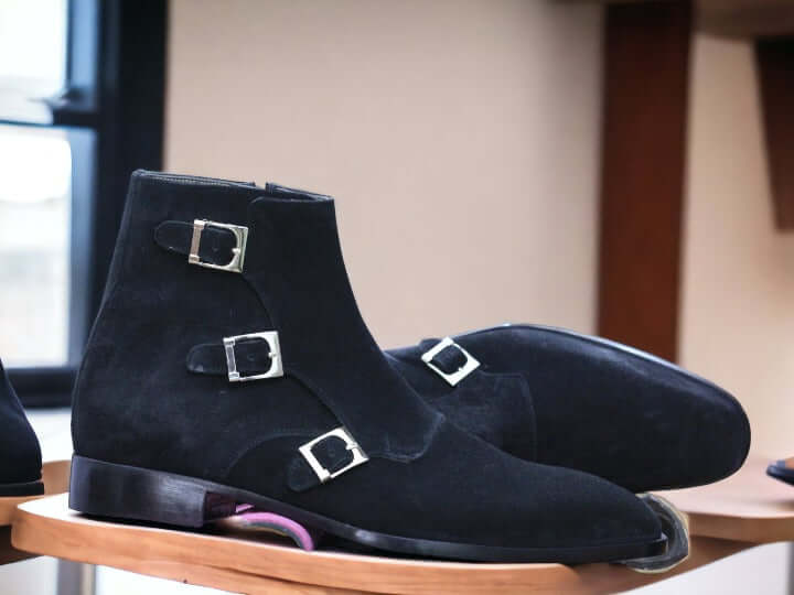 Men's Handmade Black Suede Triple Buckle Boots - Stylish Footwear