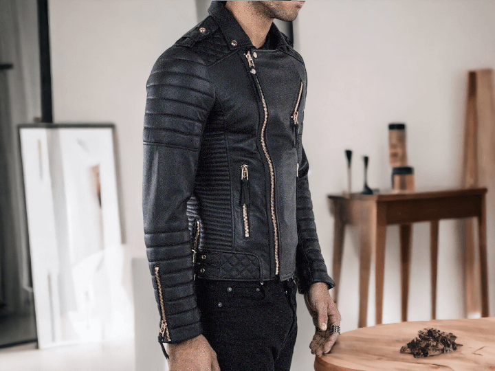 Men's Black Leather Slim Fit Quilted Motorcycle Biker Jacket Golden Zip Buckled