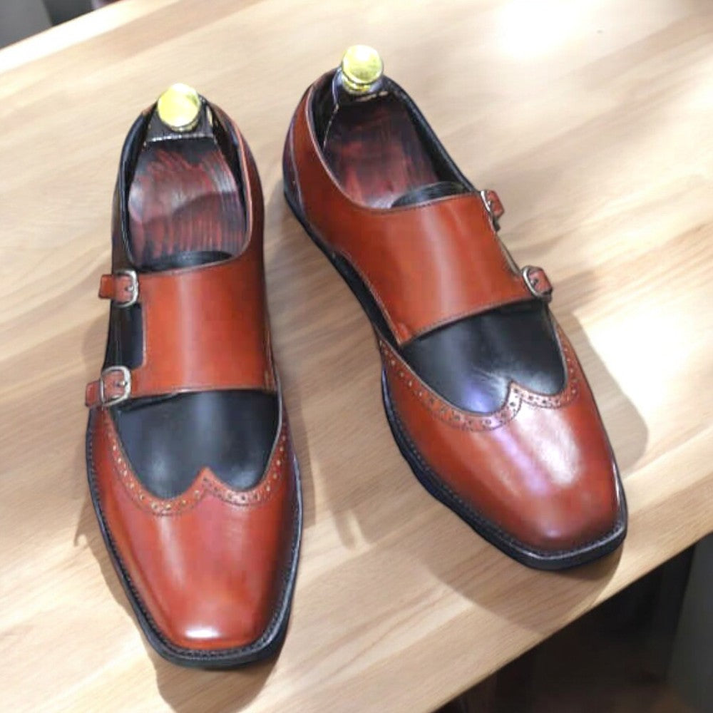 Men's Handmade Blue Burgundy Double Buckle Leather Shoes