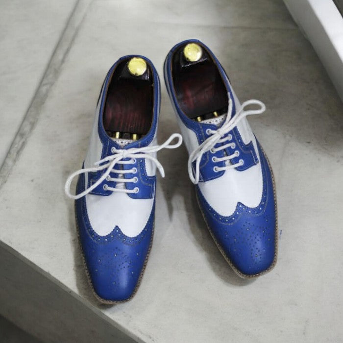 Men's blue and white leather derby lace-up designer dress shoes.