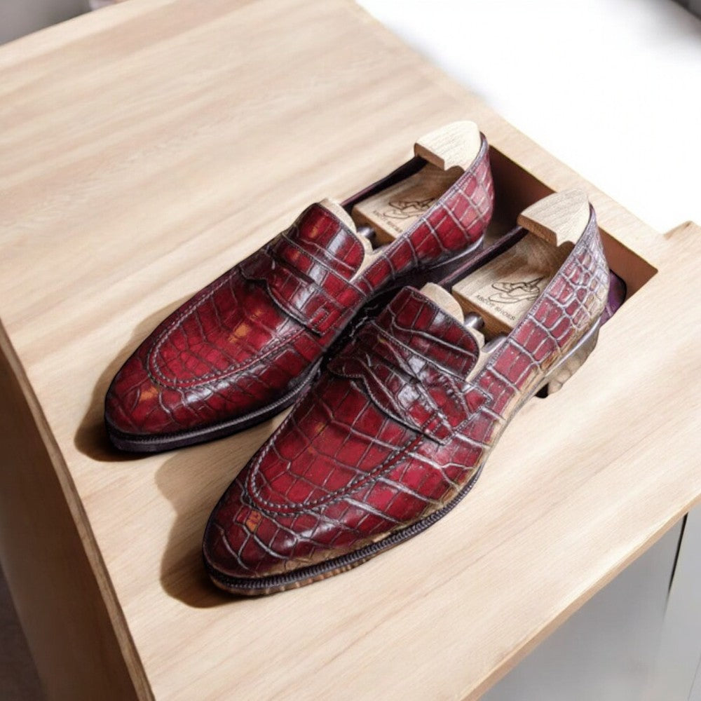 Men's Handmade Burgundy Crocodile Leather Slip-On Penny Loafers – Luxury Shoes