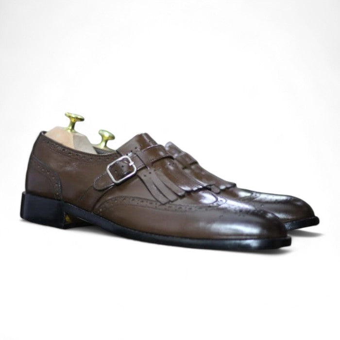 Men's dark brown fringe buckle wingtip brogue leather shoes