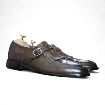 Men's dark brown fringe buckle wingtip brogue leather shoes