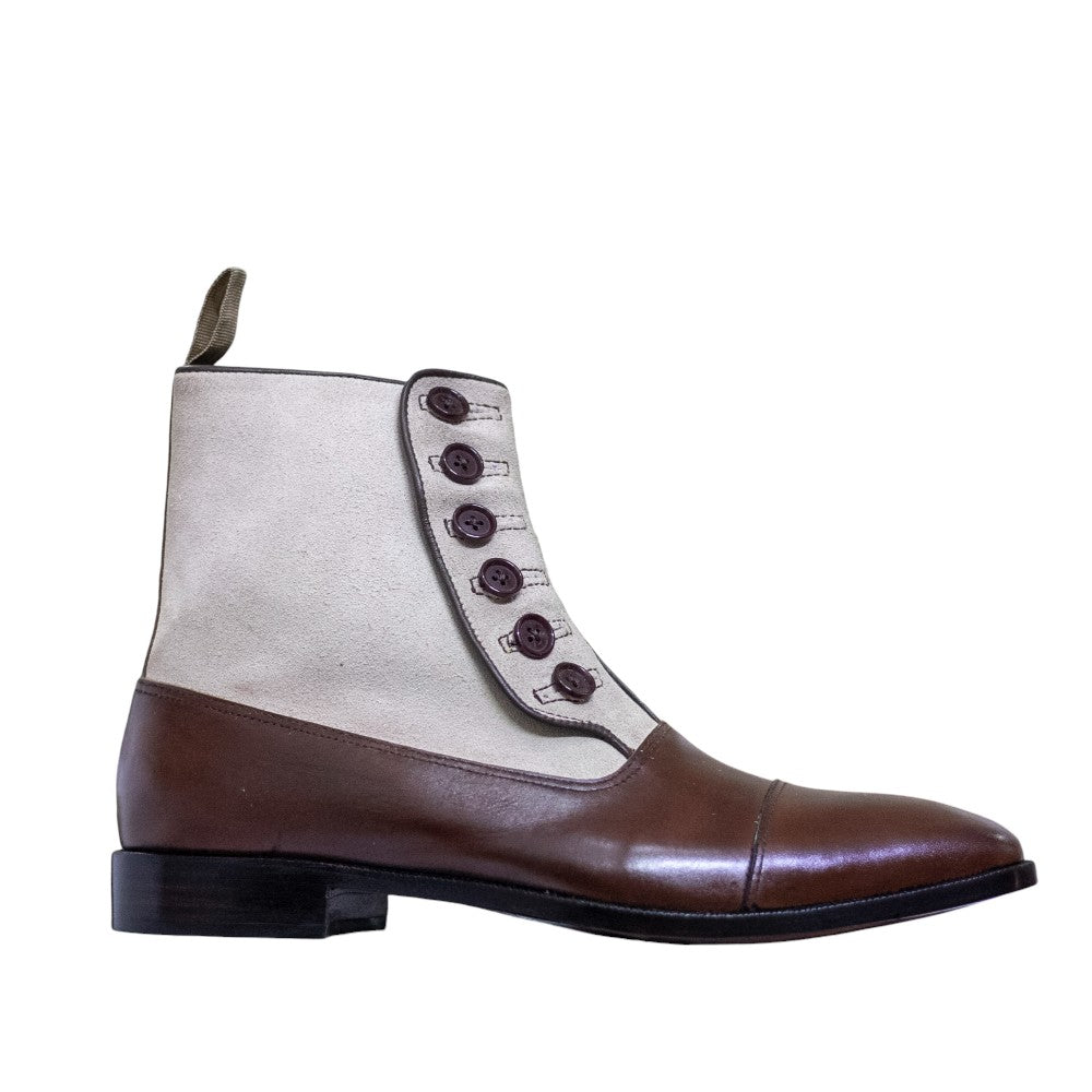 Men's Leather Suede Button Boots displayed on a wooden surface, showcasing their elegant design and craftsmanship.