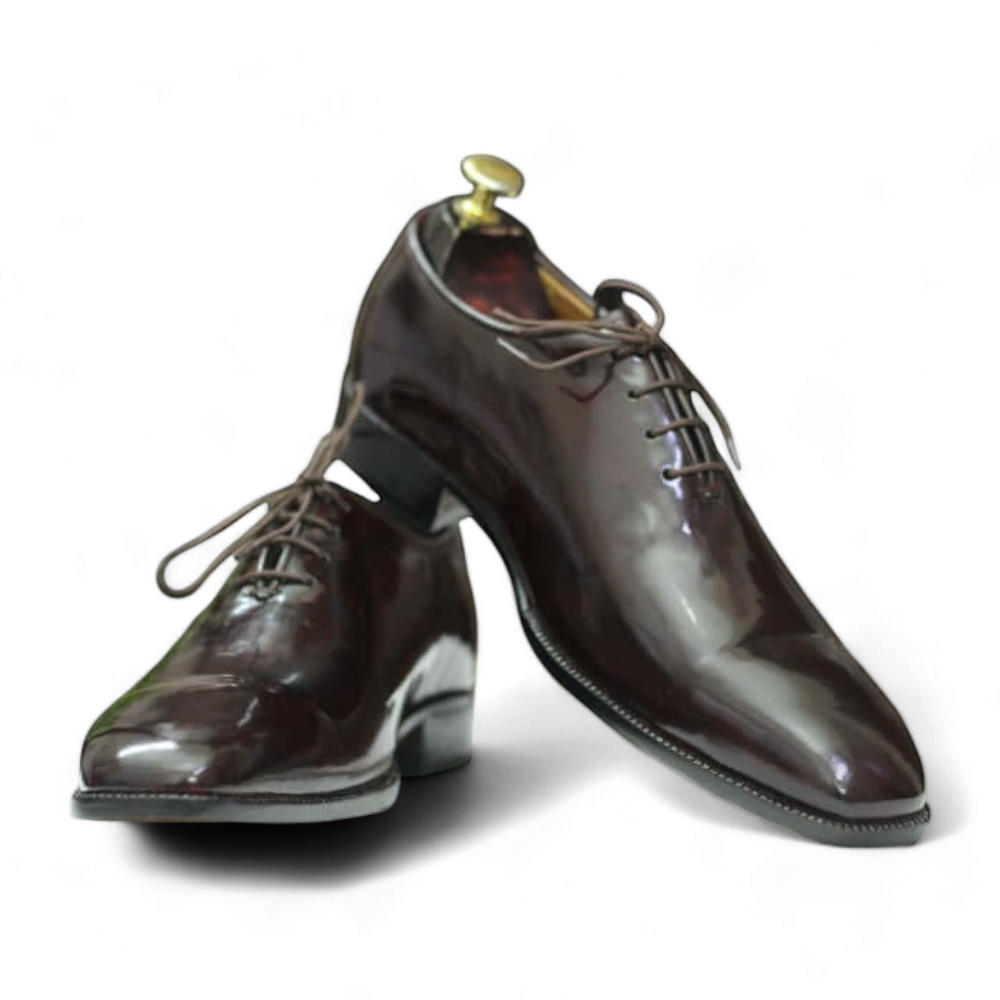 Men's brown patent leather single monk shoes with a sleek design, featuring a glossy leather upper, single buckle strap, and a durable leather sole, ideal for formal occasions
