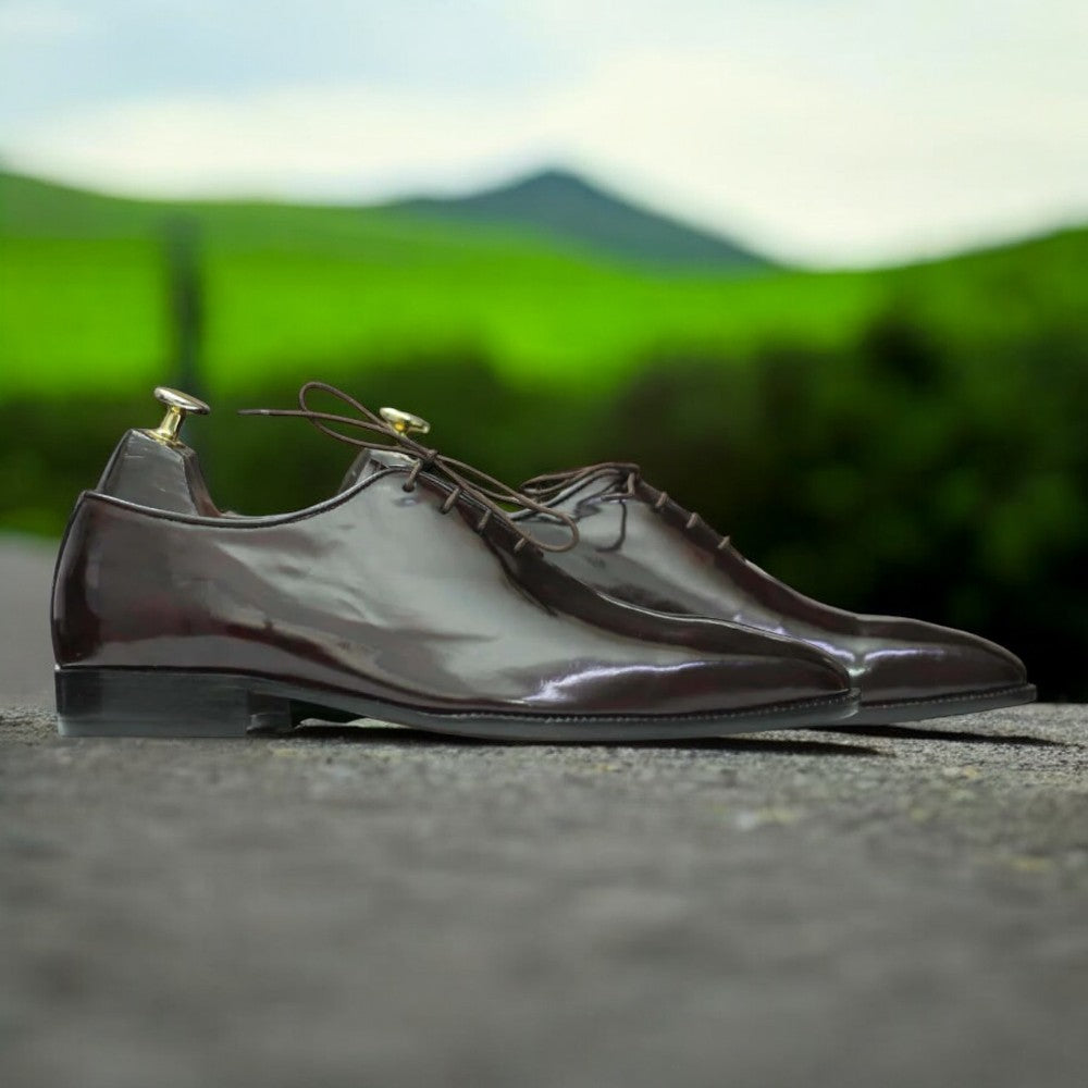 Men's brown patent leather single monk shoes with a sleek design, featuring a glossy leather upper, single buckle strap, and a durable leather sole, ideal for formal occasions