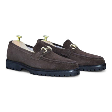 Men's Brown Suede Loafers, Chunky Sole Horse Bit Slippers