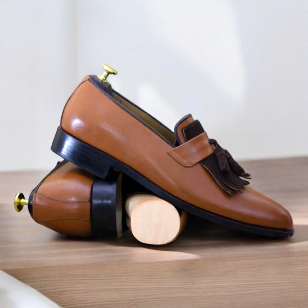 Men's Handmade Pure Genuine Brown Leather Slip-On Moccasin Loafer Shoes, crafted for comfort and style, ideal for casual and formal wear.