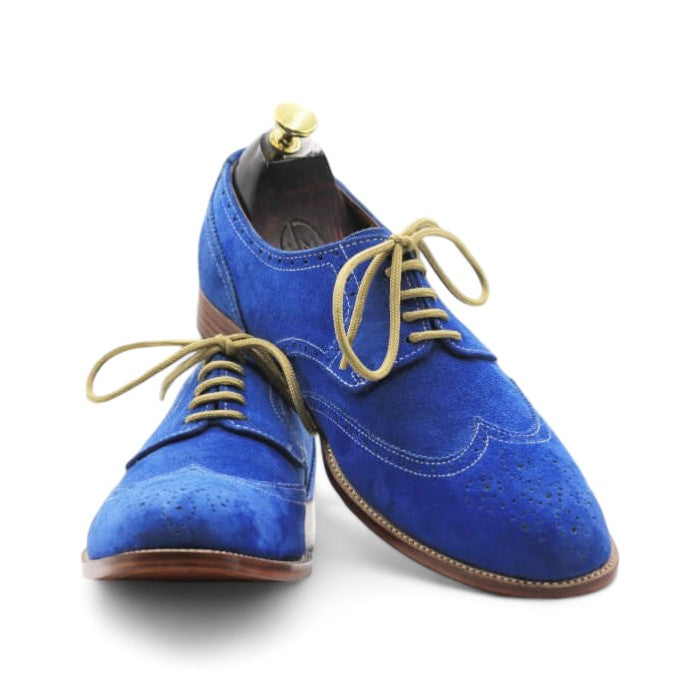 Men's blue suede lace-up Oxfords with wingtip design