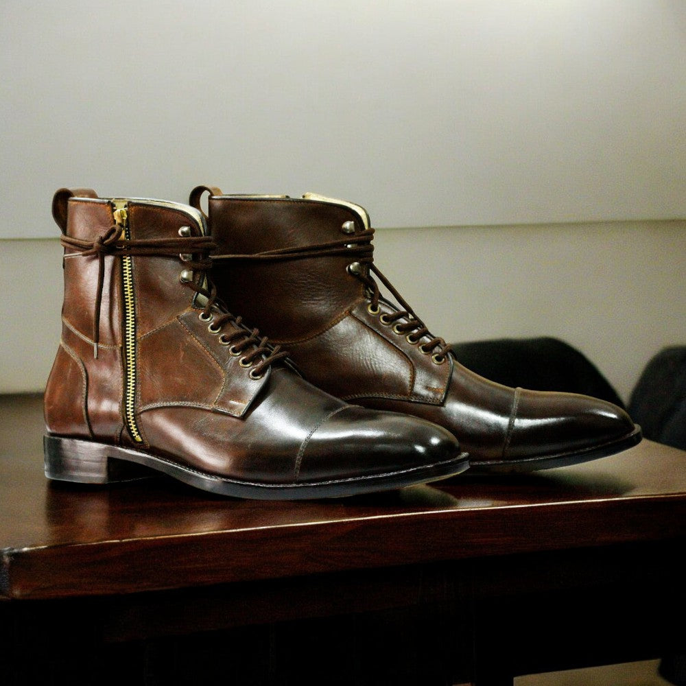 Men's brown genuine leather combat boots with a rugged military design, featuring reinforced stitching and a durable sole for optimal comfort and support
