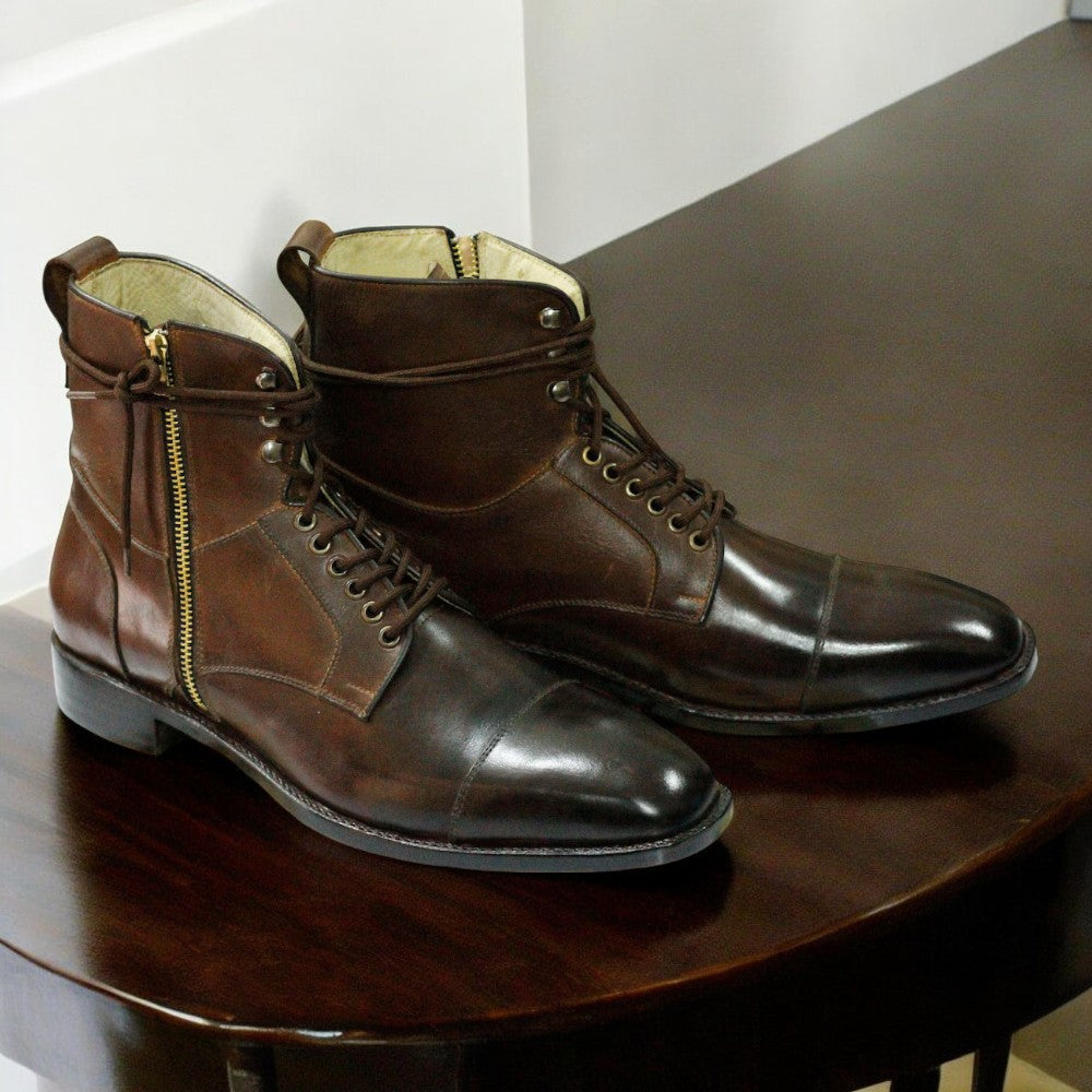 Men's brown genuine leather combat boots with a rugged military design, featuring reinforced stitching and a durable sole for optimal comfort and support