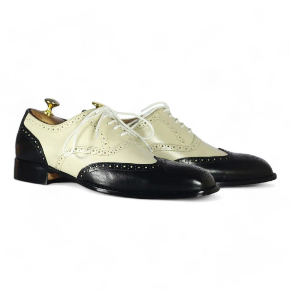Handmade Men's Black & Off White Wing Tip Oxford Brogues 