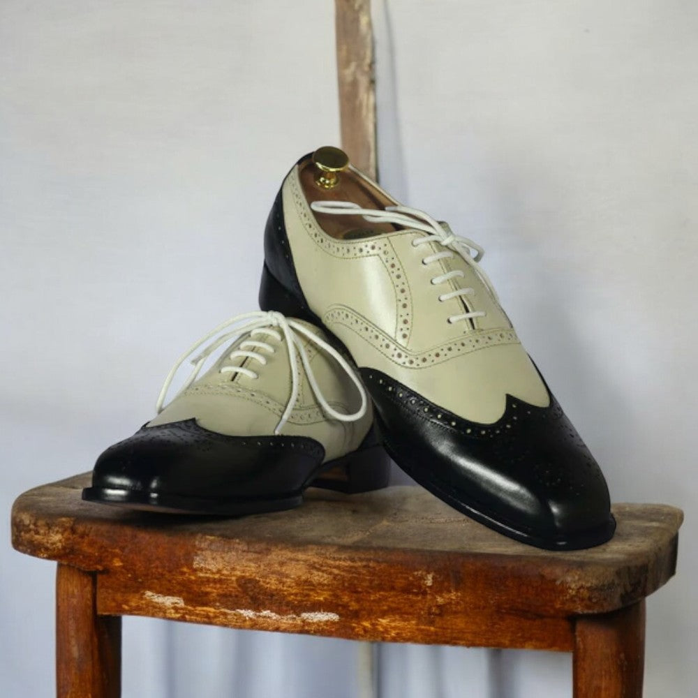 Handmade Men's Black & Off White Wing Tip Oxford Brogues 