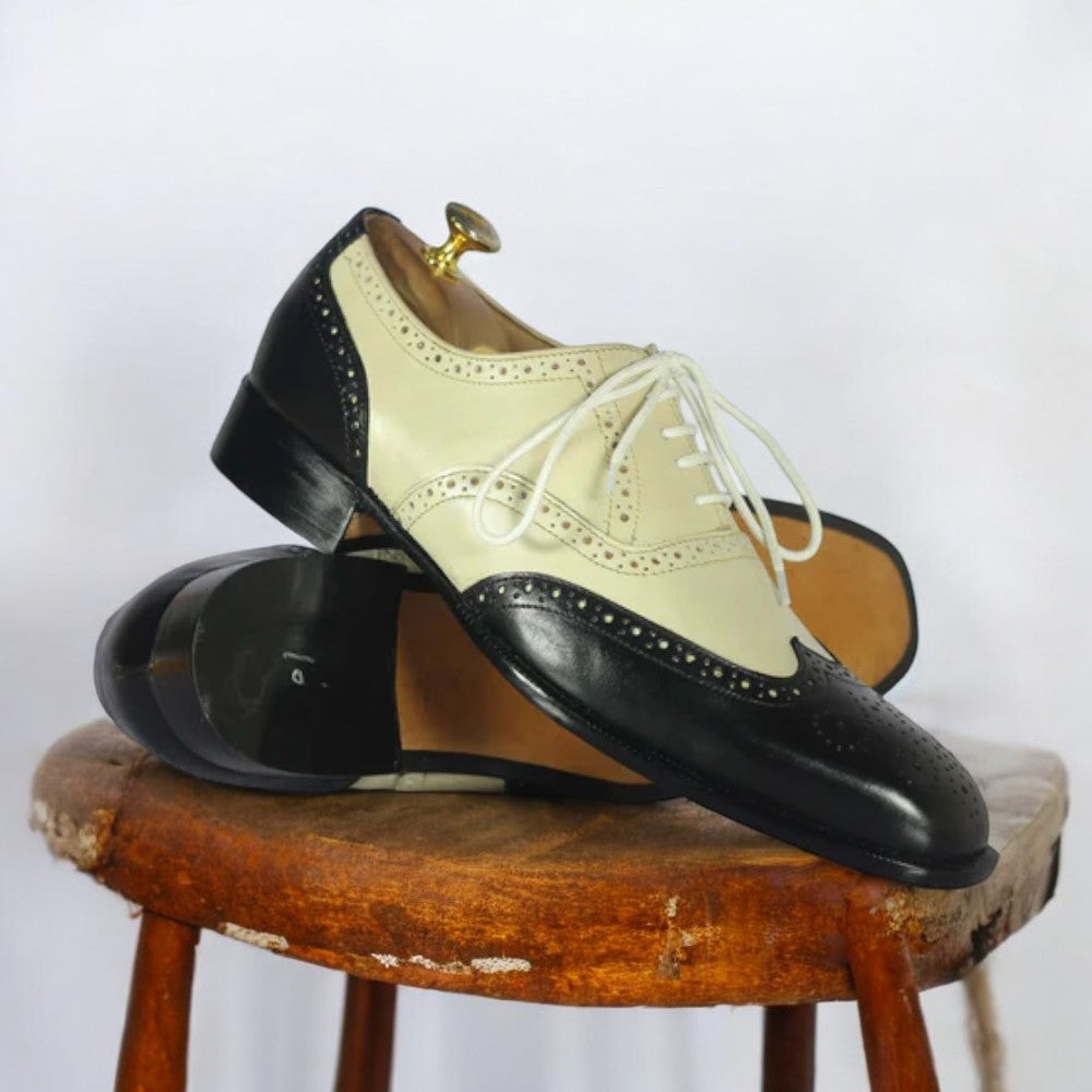 Handmade Men's Black & Off White Wing Tip Oxford Brogues 