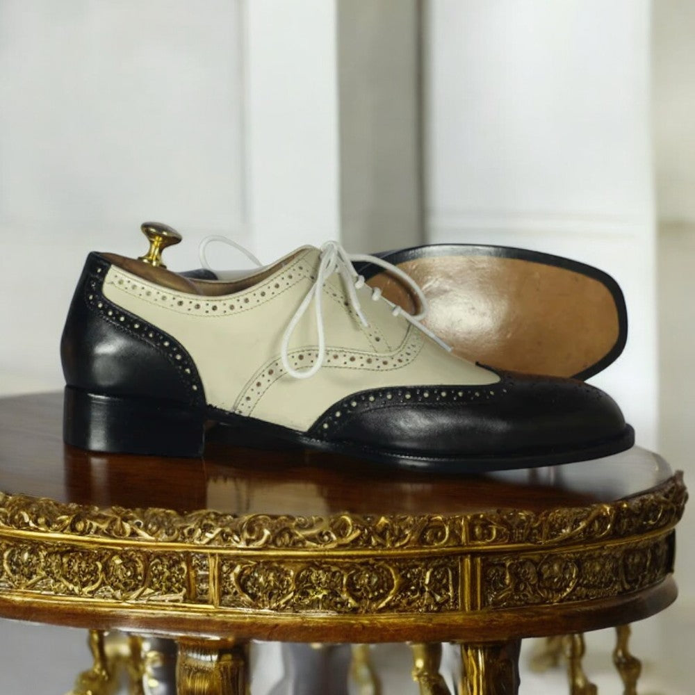 Handmade Men's Black & Off White Wing Tip Oxford Brogues 
