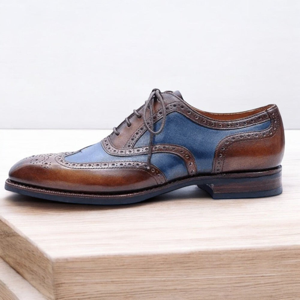 Men's Blue Brown Wingtip Lace-Up Leather Brogue Shoes – Formal Dress Shoes