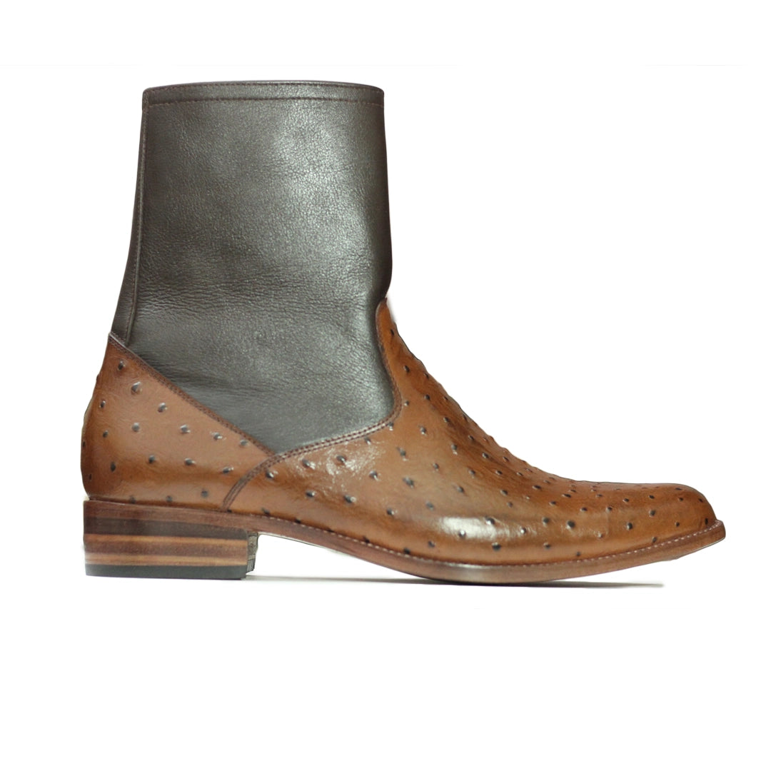Top View – Top angle of Handmade Men Ostrich Print Brown Leather Boots showing fine lace-up details, premium brown ostrich print leather texture.

