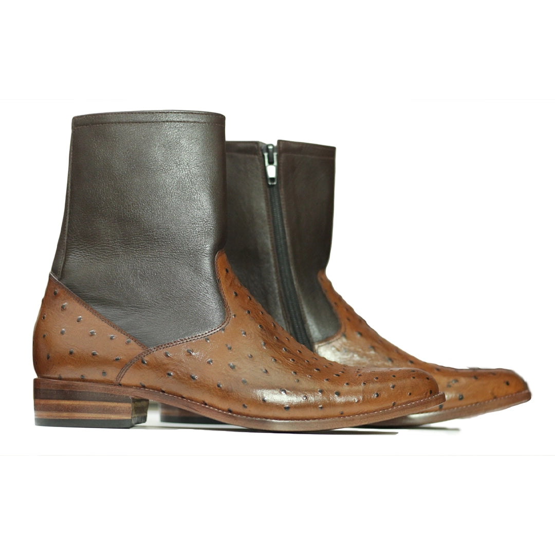 Front View – Handmade Men’s Ostrich Print Brown Leather Boots, premium lace-up ankle style with rich brown tone and elegant ostrich pattern.