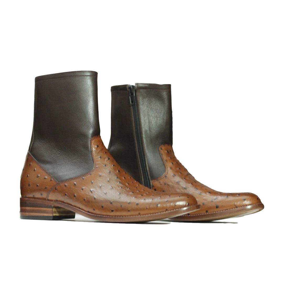Front View – Handmade Men’s Ostrich Print Brown Leather Boots, premium lace-up ankle style with rich brown tone and elegant ostrich pattern.