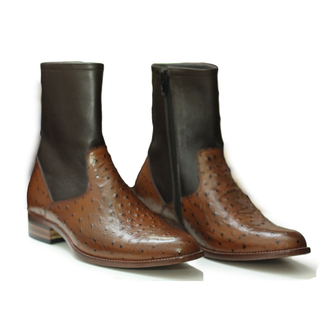 Close-Up Leather Texture – Close-up of ostrich print brown leather on Handmade Men’s Boots, highlighting premium texture and fine craftsmanship.
