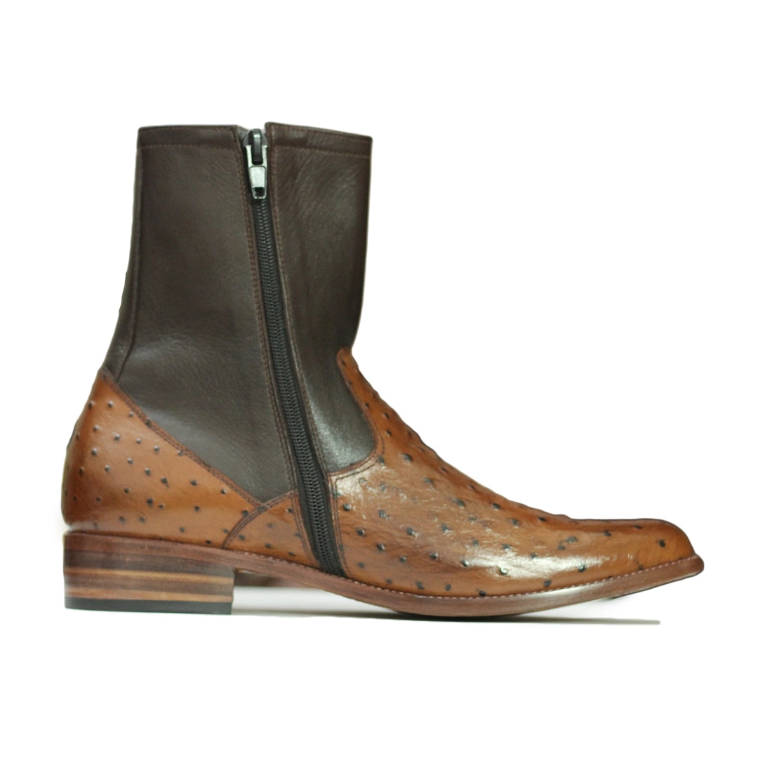 Back View – Rear view of Handmade Men Ostrich Print Brown Leather Boots, premium brown leather craftsmanship, sturdy heel, and classic design. zipper view