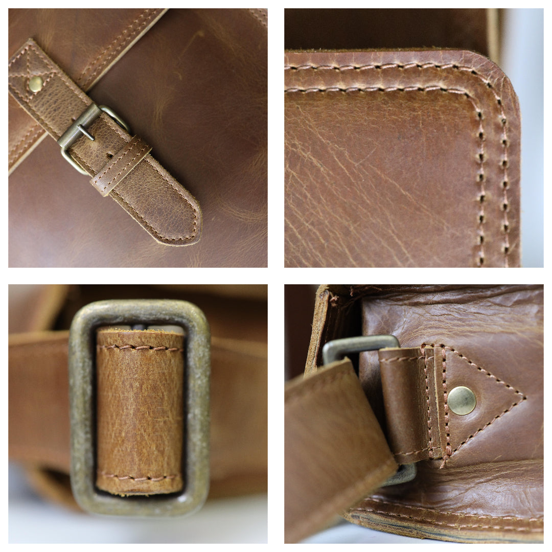 Front view of handmade Montreal leather satchel in dark brown color